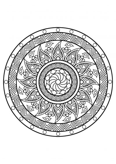 Mandala coloring page with circles and leaves